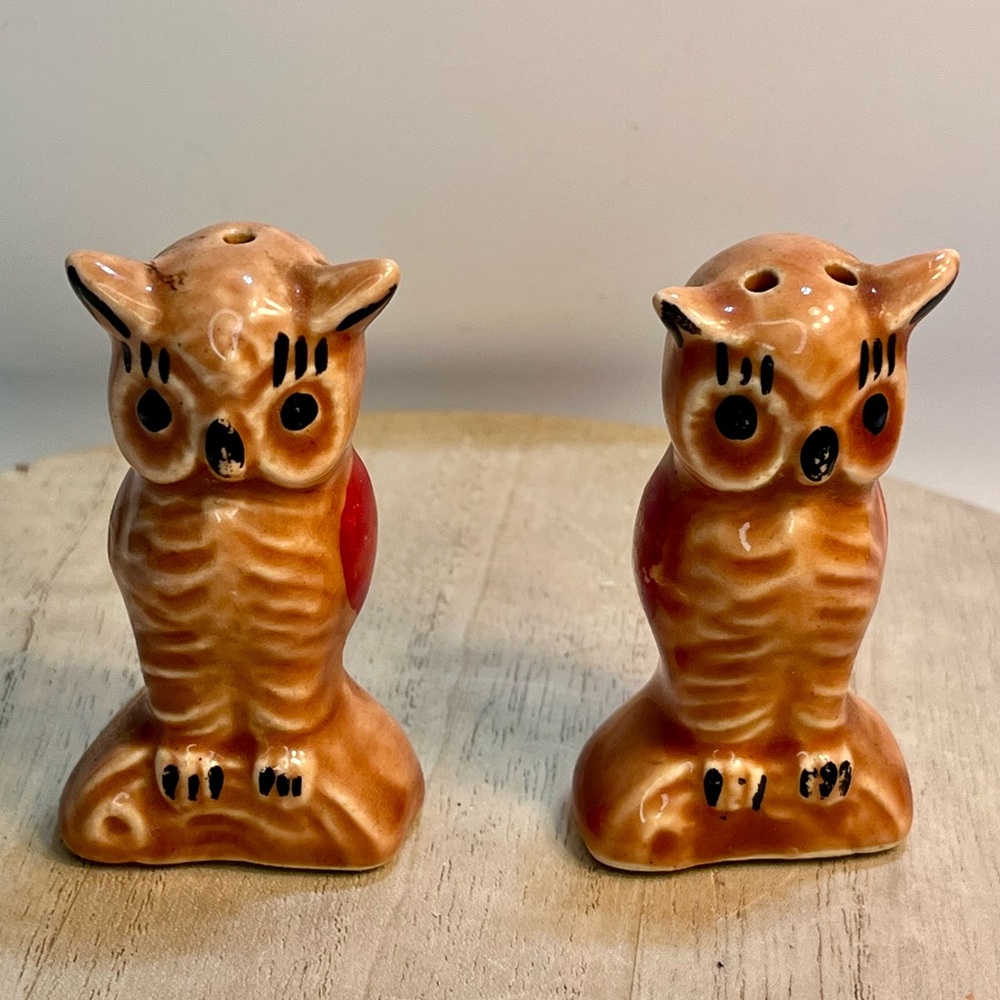 Vintage Ceramic Salt and Pepper Shakers Brown Owls with Red Wings